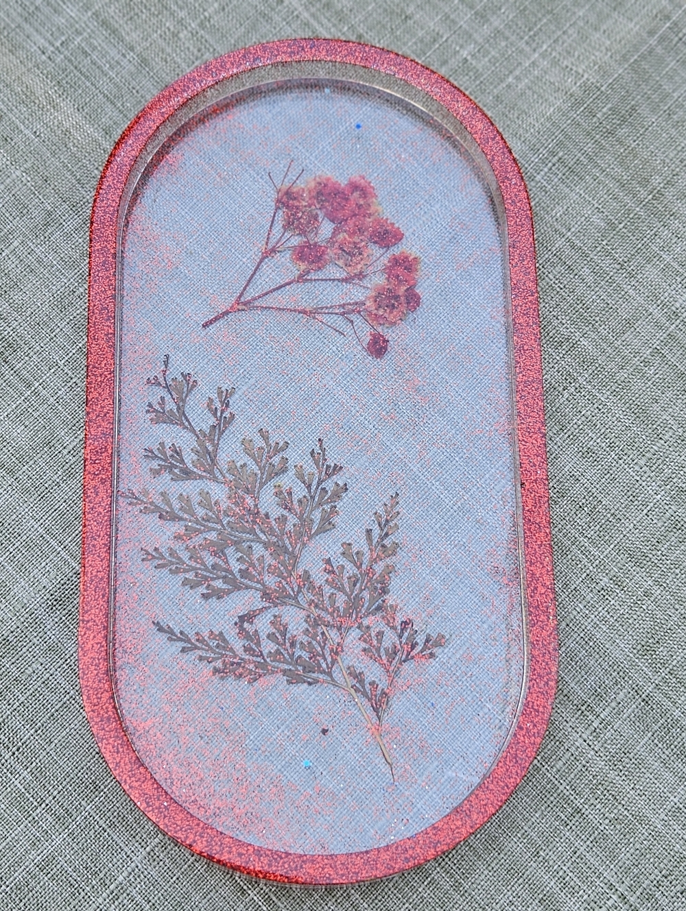 Handmade Resin Oval Tray , Floral and Sparkly.